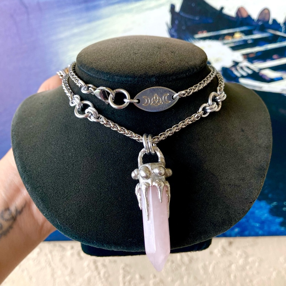 Natural Rose quartz crystal gemstone boho goth stone  charm necklace